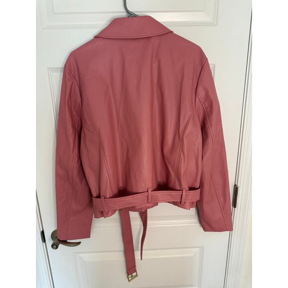 Michael Kors Faux Leather Moto Jacket Pink Belted XXL Gold Zip Biker Style - Picture 2 of 9
